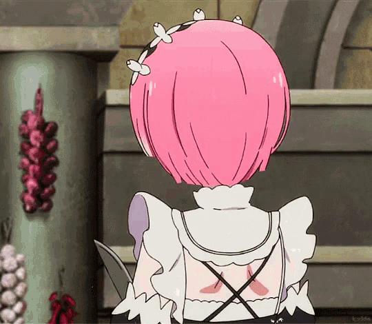 a girl with pink hair is wearing a white dress and apron