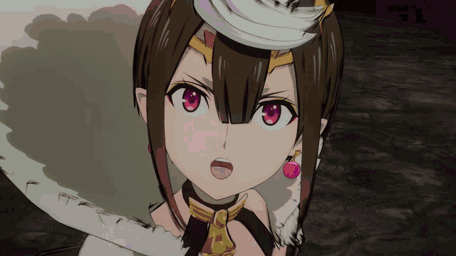 a close up of a cartoon character with a hat on her head