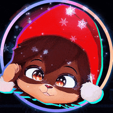 a cartoon character is wearing a red santa hat with snowflakes on it