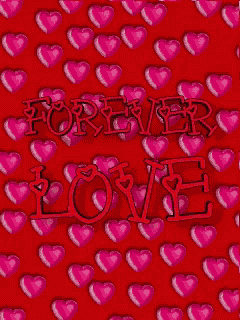 a red background with pink hearts and the word forever love