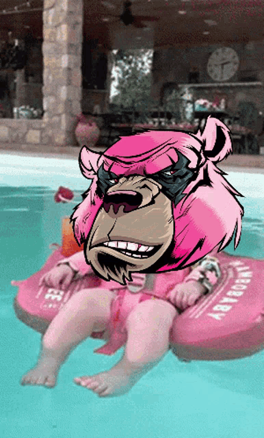 a pink monkey is floating on a pink life preserver