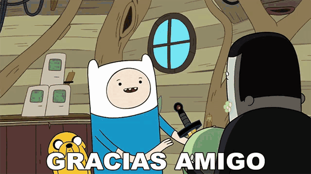 a cartoon character holding a sword and the words gracias amigo