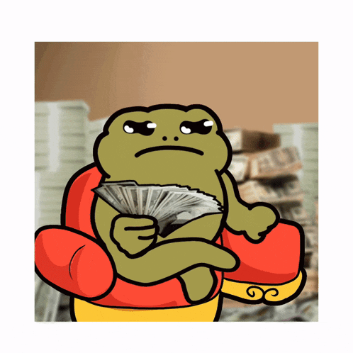 a cartoon frog is sitting in a chair holding a fan of money