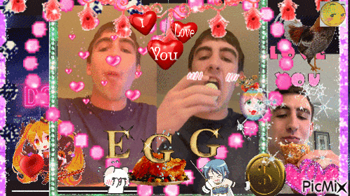 a picture of a man eating an egg with hearts around him and the words " love you " above him