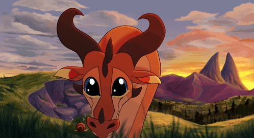 a cartoon drawing of a dragon with a snail on its nose