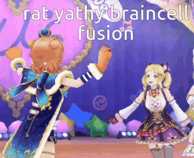 two anime girls are dancing on a stage with the words " rat yathy braincell fusion " written above them