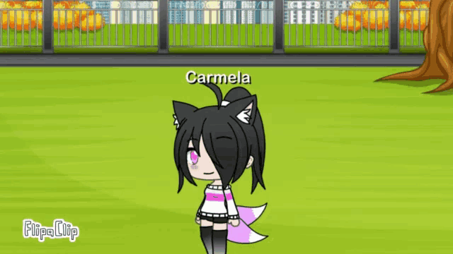 a cartoon character named carmela is standing in a field