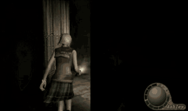 a video game character named ashley is walking down some stairs