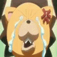 a close up of a cartoon bear with tears coming out of its eyes .