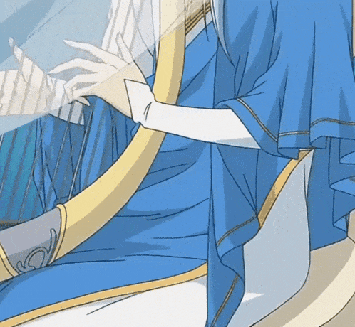 a drawing of a person playing a harp with a blue robe