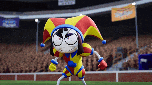 a cartoon character in a jester costume stands on a field in front of a crowd