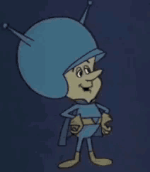 a cartoon character is wearing a blue helmet