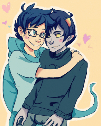 a drawing of two boys hugging each other with pink hearts in the background
