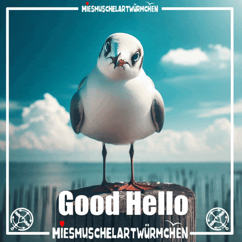 a seagull standing on a wooden post with the words good hello on the bottom