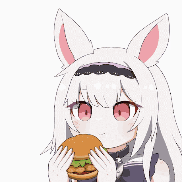 a girl with bunny ears is holding a hamburger
