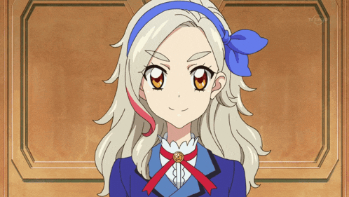 a girl with long white hair and a blue headband stands in front of a tv screen that says tv tokyo