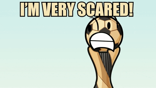 a cartoon of a soccer ball with the words i 'm very scared written above it