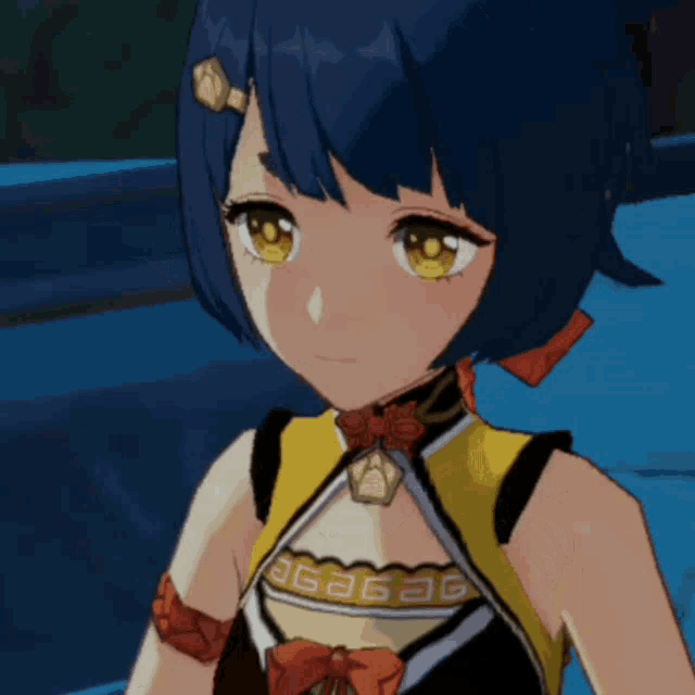 a girl with blue hair and yellow eyes is wearing a yellow and black outfit with a necklace that says 36a6a6