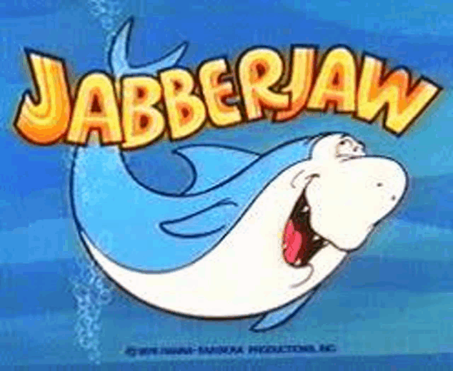 a cartoon shark with its mouth open and the words `` jabberjaw '' written above it .
