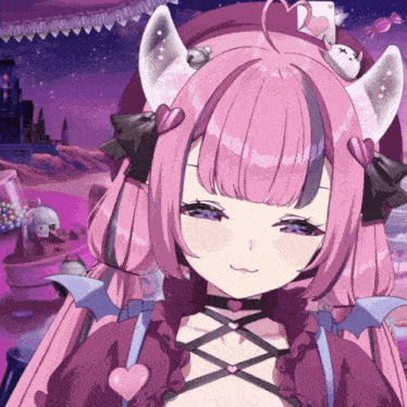 a close up of a girl with pink hair and ears