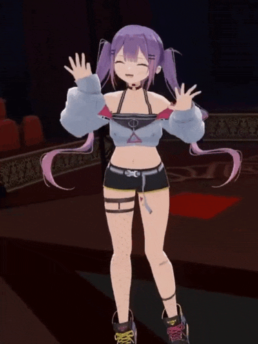 a cartoon girl with purple hair and a triangle on her chest