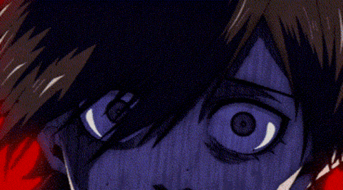 a close up of a person 's face with purple eyes and a red background