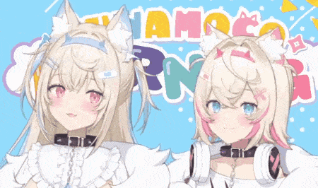 two anime girls are standing next to each other in front of a sign that says ham rn