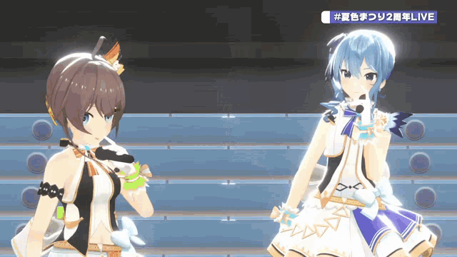 a couple of anime girls standing next to each other with the words live on the bottom right