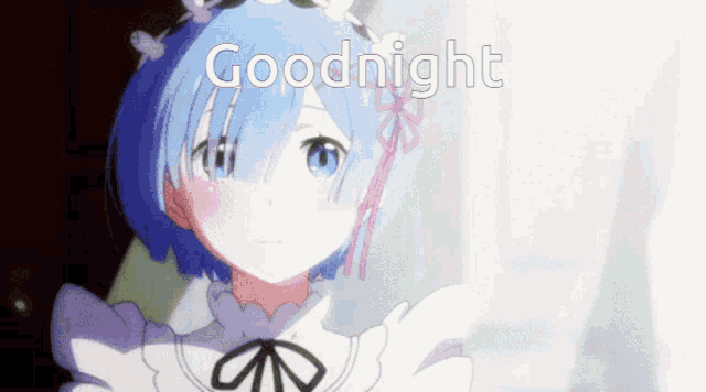 a picture of a girl with blue hair and the words goodnight above her