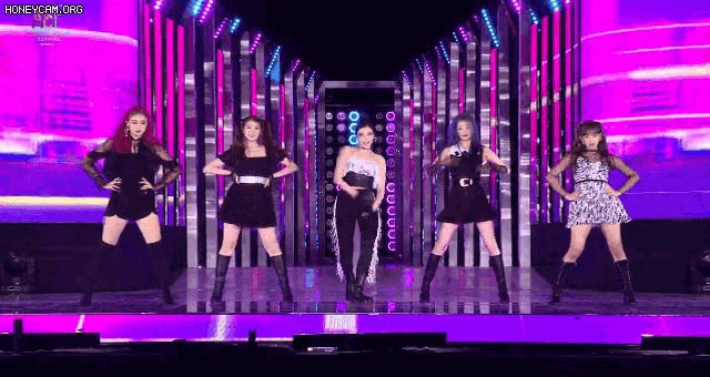 a group of women are standing on a stage dancing .