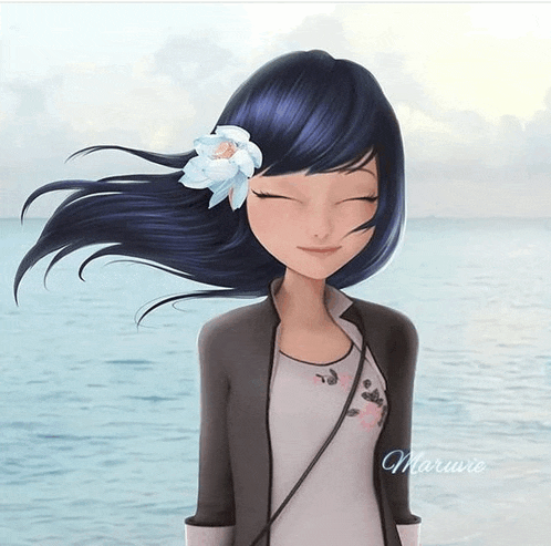 a girl with blue hair and a flower in her hair is standing in front of the ocean with her eyes closed