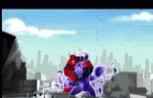 a pixel art of a purple and red monster fighting each other .