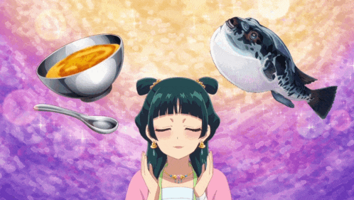 a girl with a bowl of soup a spoon and a fish on her head
