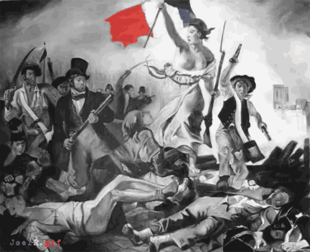 a painting of a woman holding a french flag surrounded by people