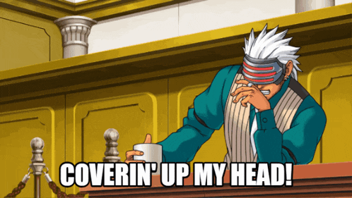 a cartoon of a man covering his face with his hand and the words coverin ' up my head below him