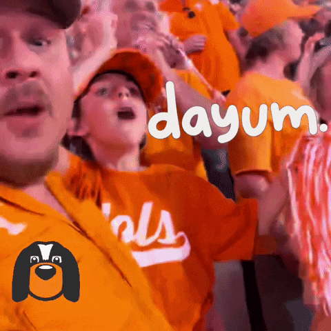 a crowd of people wearing orange shirts with the word dayum written in white