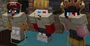 a group of three minecraft characters are standing next to each other on a table .