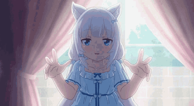 a girl with white hair and cat ears is standing in front of a window with her arms outstretched