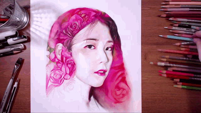 a drawing of a woman 's face with pink roses in her hair