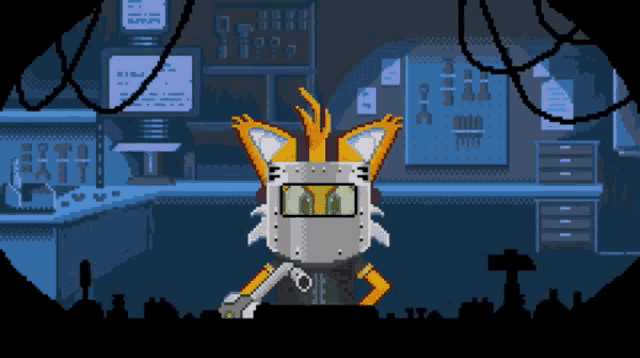 a pixel art drawing of a cat wearing a robotic helmet