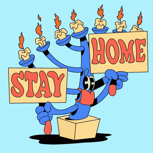 a cartoon of a blue monster holding a sign that says stay home