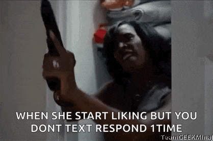 a woman is holding a gun in her hand and saying `` when she start liking but you dont text respond 1 time ''