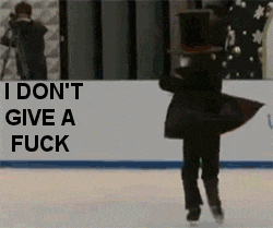 a man in a top hat is skating on an ice rink with the words i don t give a fuck