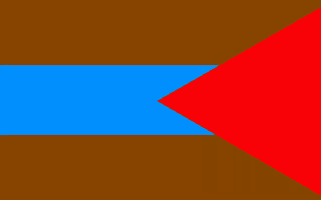 a brown background with a blue and red stripe and a red triangle in the middle .