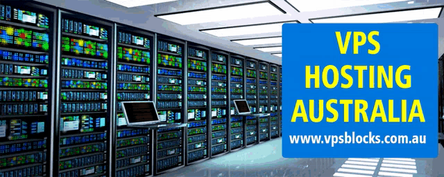 a row of servers in a data center with a blue sign that says vps hosting australia