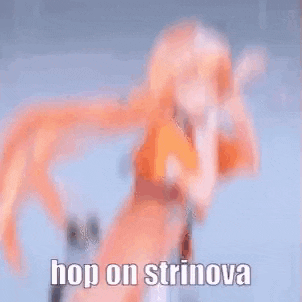 a girl with long hair is standing in front of a blue background and says `` hop on strinova '' .