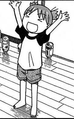 a black and white drawing of a child standing on a wooden floor with his arms in the air .