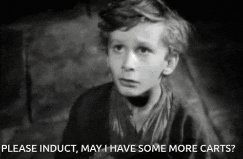 a black and white photo of a young boy with the words please induct may i have some more carts