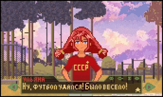 a pixel art of a girl wearing a red cccp t-shirt