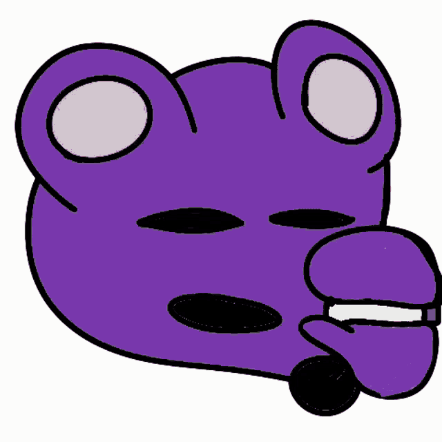 a cartoon drawing of a purple teddy bear with a microphone in its mouth